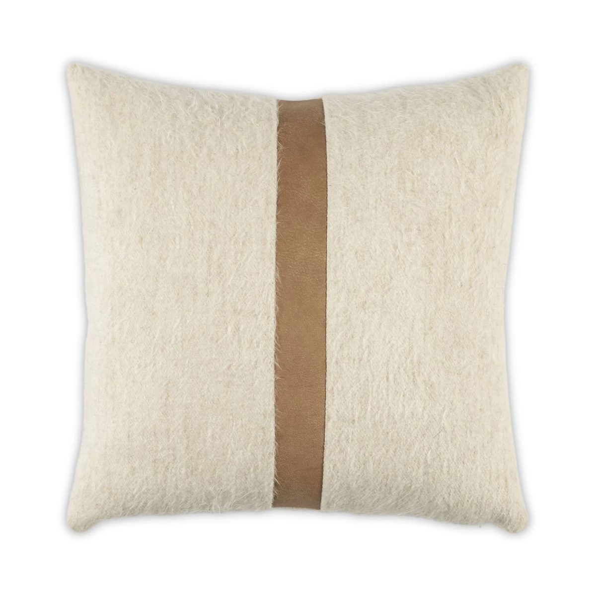 The Moss Studio Bruno Pillow in Bisque & Camel features a square, cream-colored design accented by a vertical, light brown suede strip running down the center. Crafted as a leather accent pillow, its fabric is soft and subtly textured, making it an ideal addition to modern interiors. Shown against a plain white background.