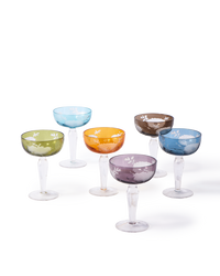 Six Polspotten Peony Coupe Glasses from the Mutli Set of 6, featuring sandblasted and etched floral designs in green, blue, yellow, orange, purple, and brown, are arranged in two rows on a white background.