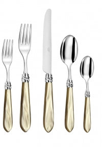 The Capdeco Diana Flatware Five Piece Setting - Horn features 18/10 stainless steel utensils with gold-tone handles and twisted silver detail. Set includes a salad fork, dinner fork, knife, tablespoon, and teaspoon.