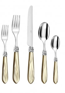 The Capdeco Diana Flatware Five Piece Setting - Horn features 18/10 stainless steel utensils with gold-tone handles and twisted silver detail. Set includes a salad fork, dinner fork, knife, tablespoon, and teaspoon.