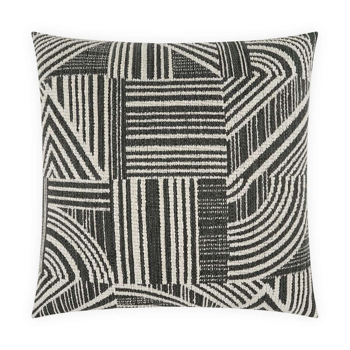 The Zaria Pillow Charcoal by D.V. KAP / Canaan Company is a square decorative pillow showcasing a modern black and white geometric pattern with stripes, lines, and arcs in a striking abstract design.
