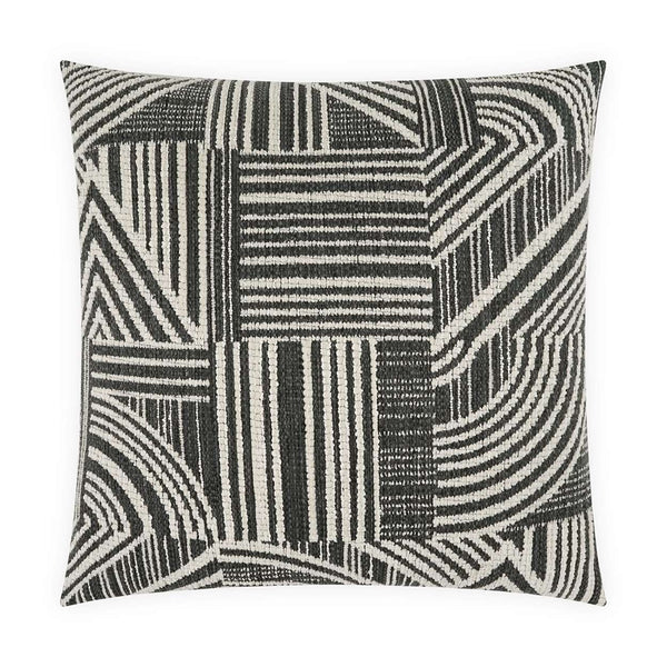 The Zaria Pillow Charcoal by D.V. KAP / Canaan Company is a square decorative pillow showcasing a modern black and white geometric pattern with stripes, lines, and arcs in a striking abstract design.
