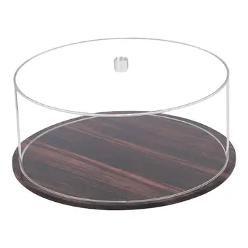 The BT-Shalom Lucite Wood Cake Dome features a round wooden base and a clear acrylic cover with a small handle, making it perfect for showcasing desserts in contemporary style.