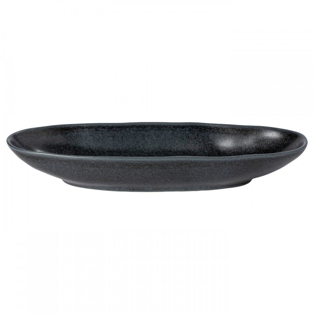 The Casafina/Costa Nova Livia Dinnerware Matte Black plate is a dark, oval ceramic piece with a slightly raised rim, featured as part of a modern tableware collection and shown against a plain white background.