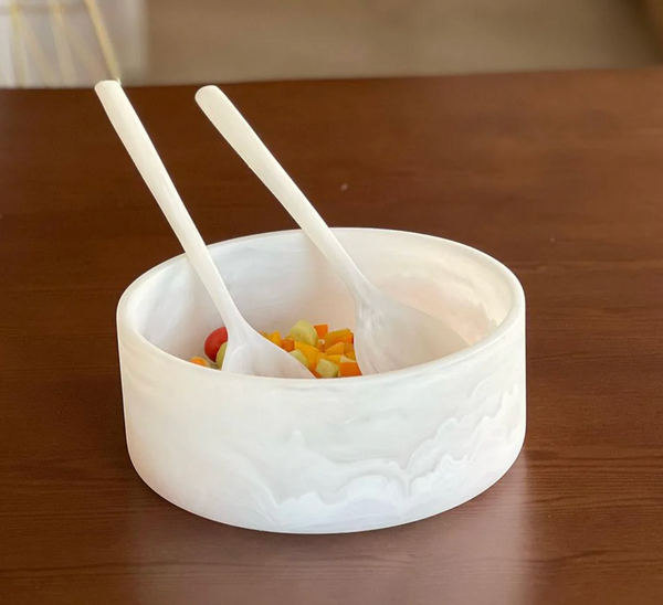 Dawn Resin Swirl Serving Bowl White - Medium containing chopped vegetables and two matching serving spoons.