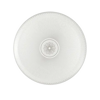 A round, white porcelain dinner plate from Christofle's Malmaison Imperiale Platinum collection, seen from above with radial lines, a central floral motif, and platinum-edged dots for an elegant finish.