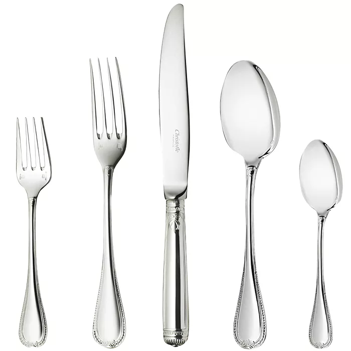 A Christofle Malmaison 5 Piece Setting in silver plate, featuring two forks, a knife, and two spoons, displayed on a white background.