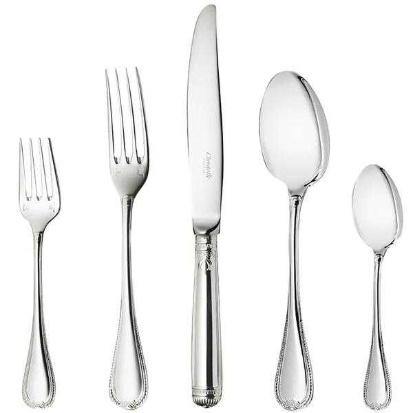 A Christofle Malmaison 5 Piece Setting in silver plate, featuring two forks, a knife, and two spoons, displayed on a white background.