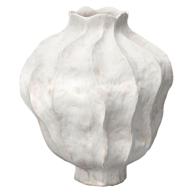 The Pompano Vase by Jamie Young features artisan-crafted white ceramic with a sculptural wavy texture, a rounded body, and an uneven flared opening—ideal for adding visual interest to neutral decor.