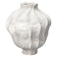The Pompano Vase by Jamie Young features artisan-crafted white ceramic with a sculptural wavy texture, a rounded body, and an uneven flared opening—ideal for adding visual interest to neutral decor.