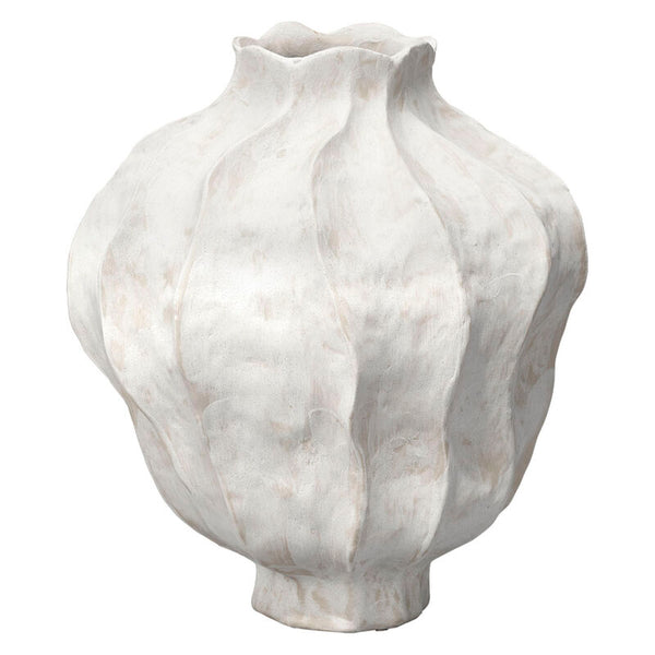 The Pompano Vase by Jamie Young features artisan-crafted white ceramic with a sculptural wavy texture, a rounded body, and an uneven flared opening—ideal for adding visual interest to neutral decor.