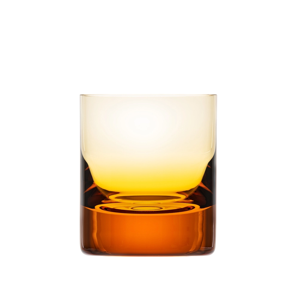 The Moser Whiskey Set DOF Glass 370 ml features lead-free crystal with a gradient effect, blending amber at the base to yellow and clear at the top, shown against a white background.
