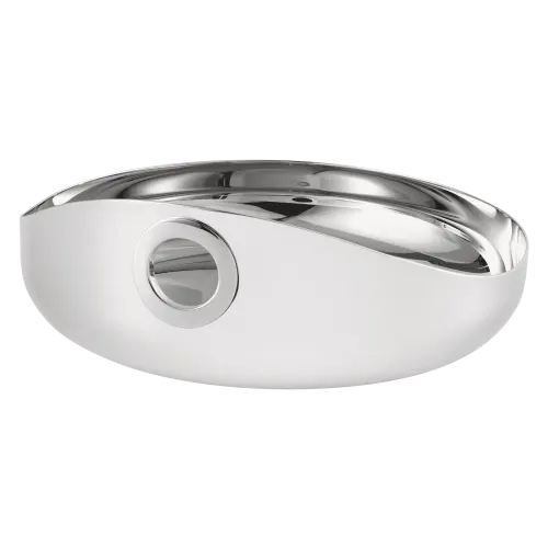 The Christofle Oh De Stainless Large Steel Bowl features a sleek, modern oval design with a side circular drain hole, inspired by the Christofle Outdoor Collection and shown on a plain white background.