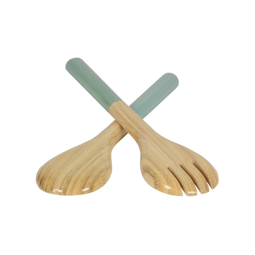 The Albert L Bamboo Classic Salad Servers Set - Small features two crossed bamboo servers, one spoon and one fork, with light green handles, displayed on a white background.