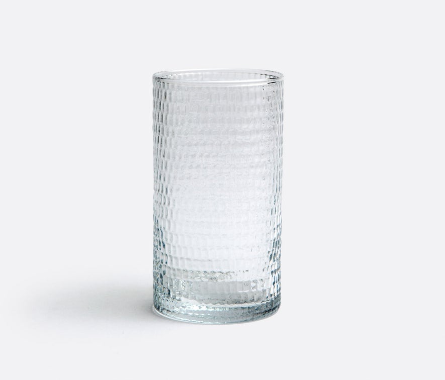 The Blue Pheasant Duncan Glassware Clear is a hand-blown glass tumbler featuring a textured, grid-like pattern, ideal for daily use and displayed upright on a simple, light background.