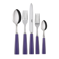 The Icone Flatware 5 Piece Setting by Sabre showcases five 18/10 stainless steel pieces with vibrant purple handles, neatly arranged upright in a row against a white background.