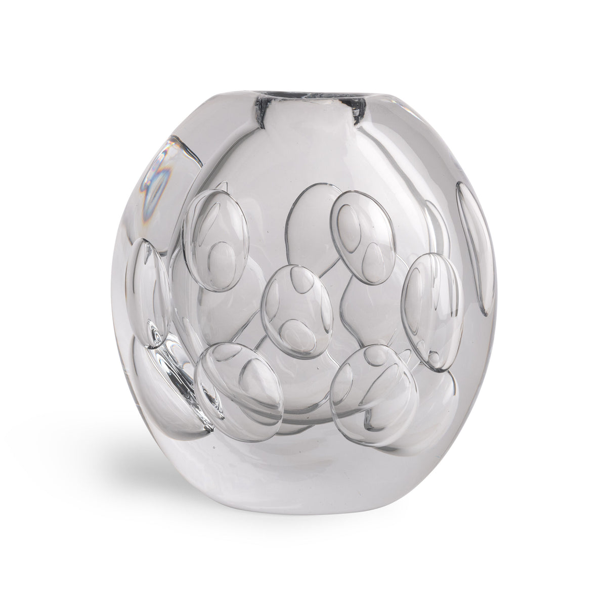 Introducing the Whitney Vase by FlowDecor Inc.—a contemporary clear glass vase distinguished by its spherical shape and round, indented bubble-like patterns on the surface. With a smooth, reflective finish, this decorative accent adds modern elegance to any space and is showcased against a plain white background.