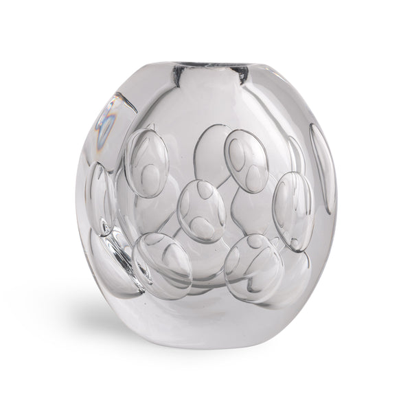 Introducing the Whitney Vase by FlowDecor Inc.—a contemporary clear glass vase distinguished by its spherical shape and round, indented bubble-like patterns on the surface. With a smooth, reflective finish, this decorative accent adds modern elegance to any space and is showcased against a plain white background.