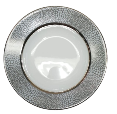 The Makassar Gray & Platinum Dinnerware by Royal Limoges/Bia Cordon Bleu is a handmade round white plate from France, crafted from Limoges porcelain with a reflective surface and a wide platinum pebble-textured rim.