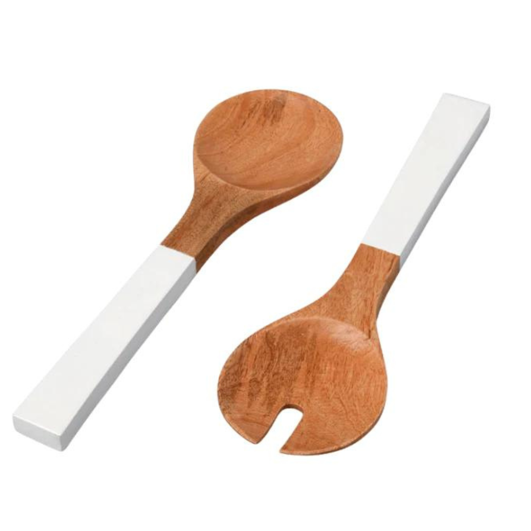 The Mayan Wood & Enamel Salad Serving Set-White by Be Home includes a mango wood spoon and slotted fork, each with wide heads and white enamel rectangular handles, beautifully displayed on a white background.