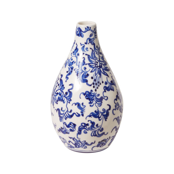 The Leon Bud Vase by Accent Decor is a white ceramic vase with a narrow neck, featuring intricate blue floral patterns in a traditional style, displayed on a plain white background.