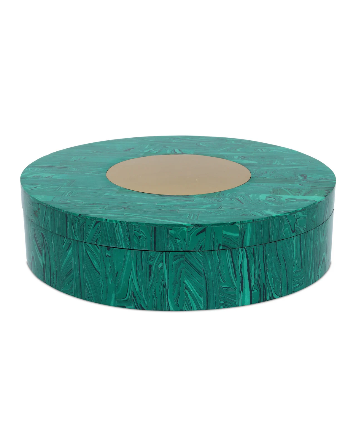 The Currey & Company Archer Green Round Box features a handcrafted malachite-inspired marbled pattern and a smooth gold circle on the lid, elegantly presented against a white background.