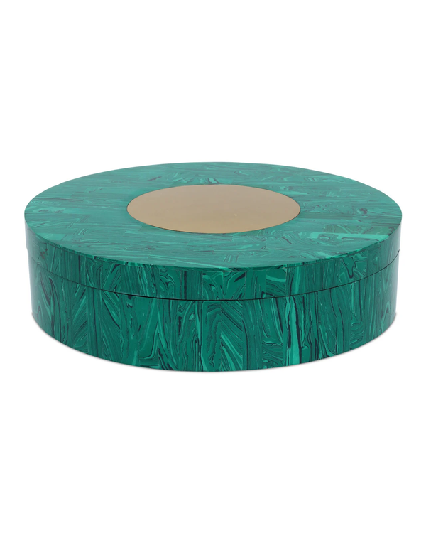 The Currey & Company Archer Green Round Box features a handcrafted malachite-inspired marbled pattern and a smooth gold circle on the lid, elegantly presented against a white background.