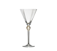 The Kim Seybert Daphne Drinkware Set of 4 features clear martini glasses with tall, slender stems and gold-accented orbs below the bowl, inspired by the elegance of Czech glassware.
