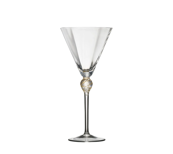 The Kim Seybert Daphne Drinkware Set of 4 features clear martini glasses with tall, slender stems and gold-accented orbs below the bowl, inspired by the elegance of Czech glassware.