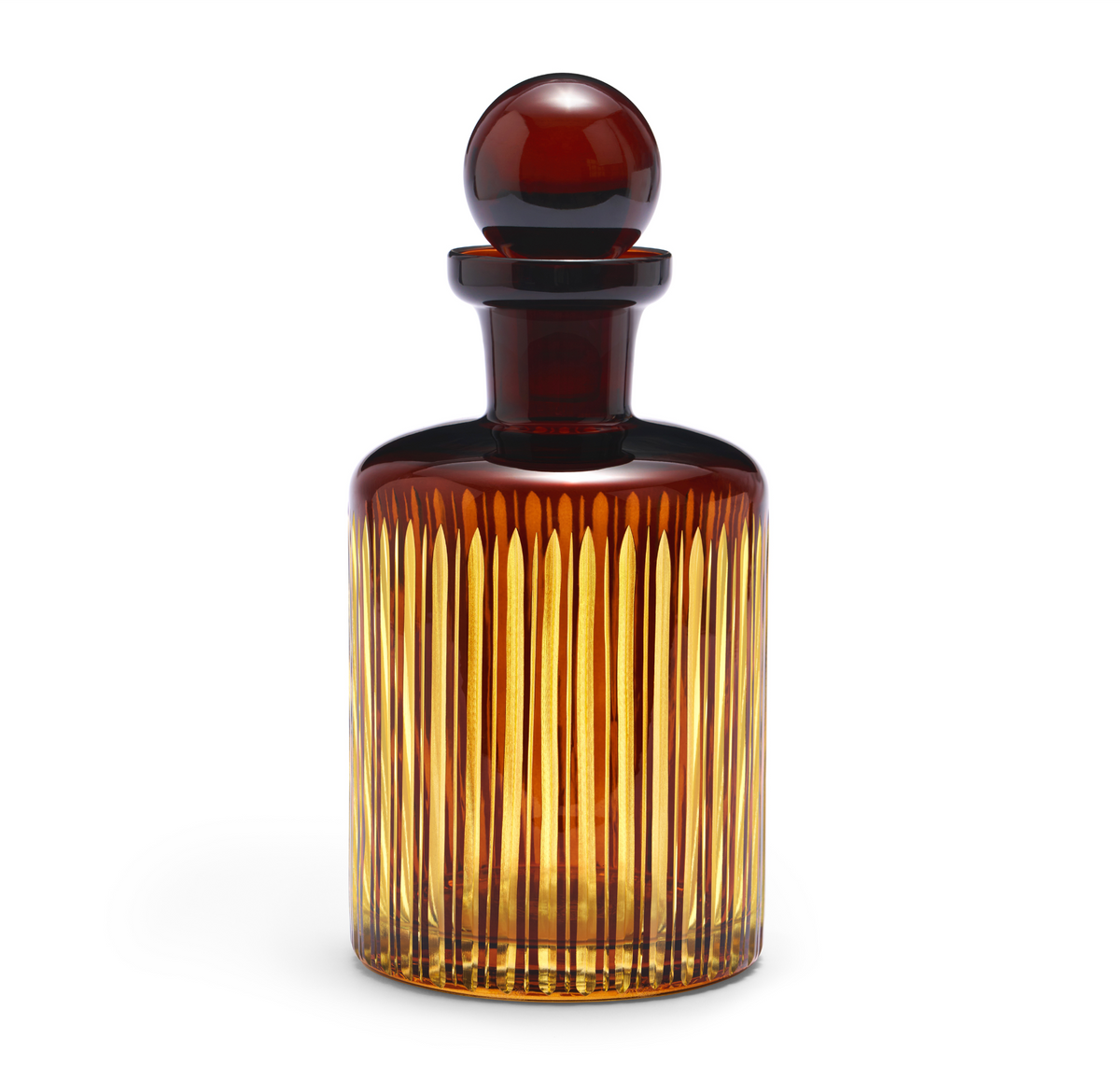 The Prism Decanter by L'Objet is a tall, elegant piece made from hand-crafted glassware with vertical ridges and a round stopper, shown against a white background.
