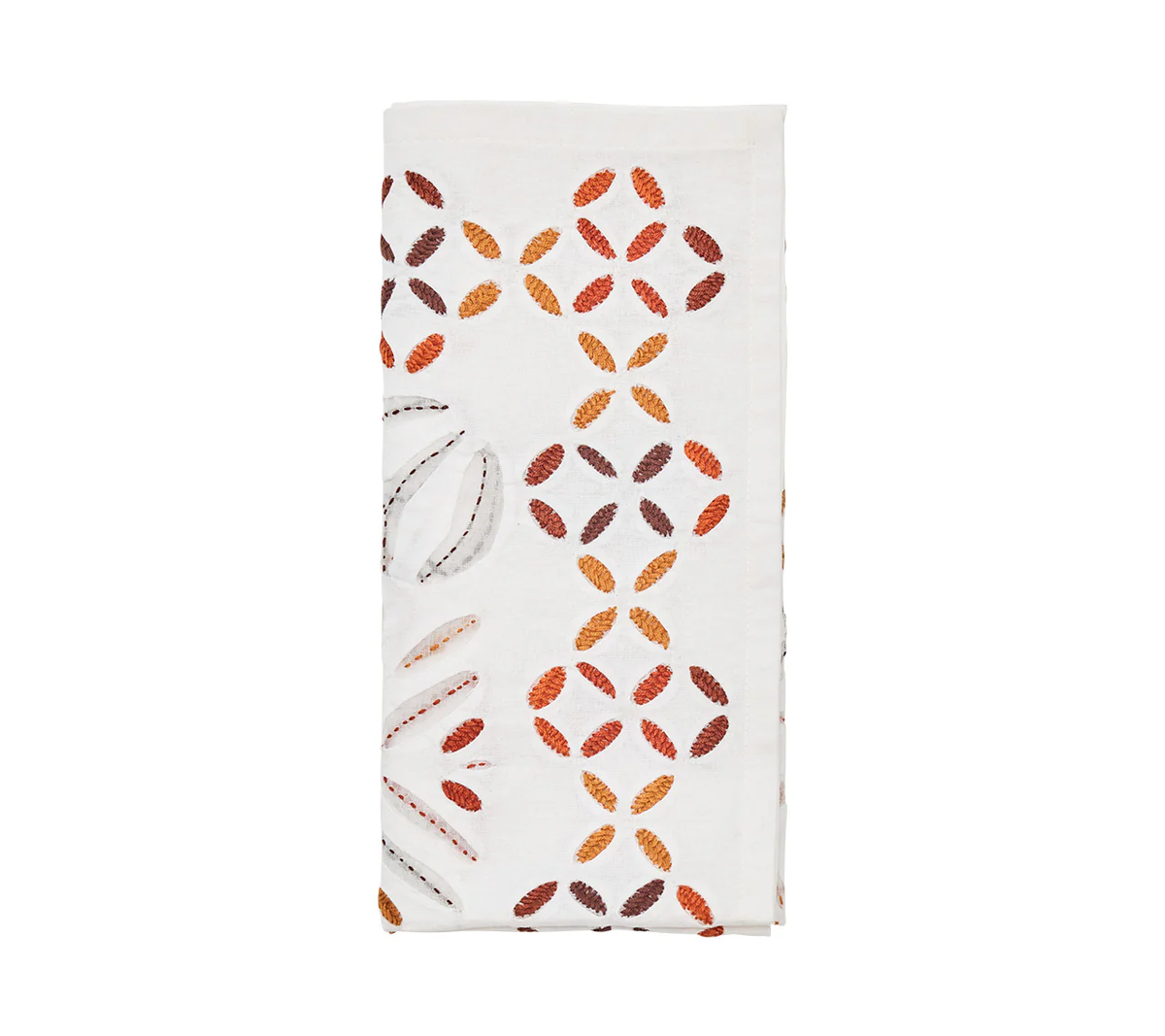The Kim Seybert Malta Embroidered Napkin Set of 4 features white, handcrafted napkins with orange, red, and brown leaf embroidery in circular and curved patterns.
