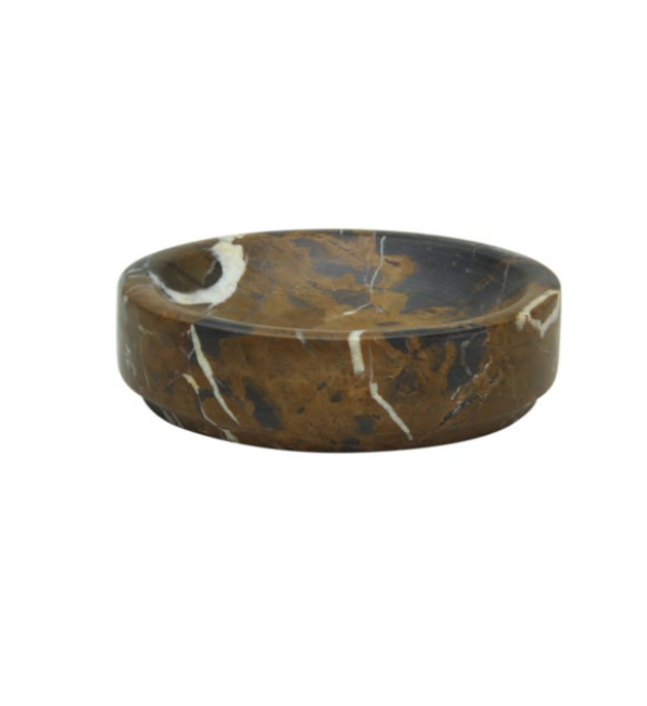 A round, shallow honed Marble Black & Gold Bowl 5" from Designs by Marble Crafter, showcasing elegant black coloring accented with gold veining, is pictured at an angle against a plain white background and makes a stunning decorative marble catchall for any space.