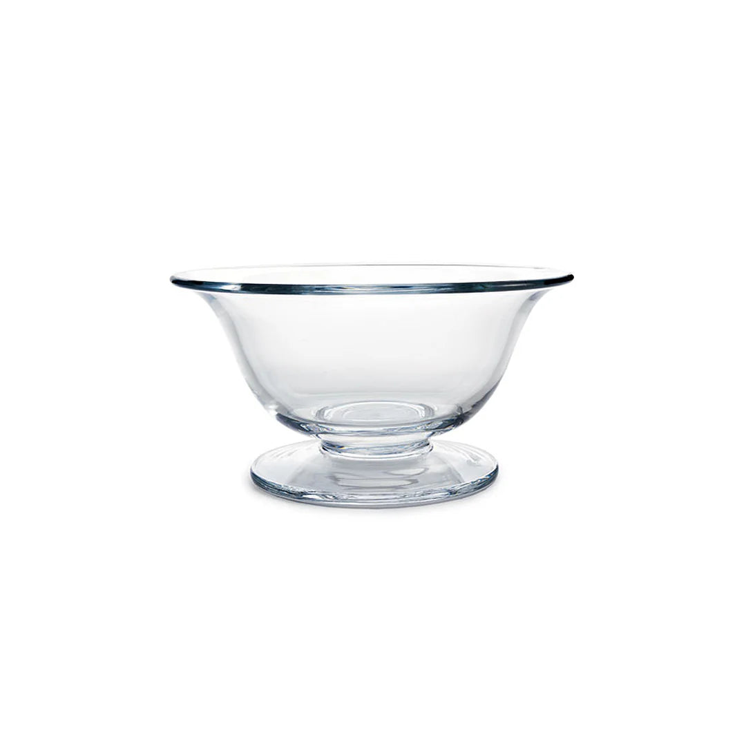 The William Yeoward Alice Bowl is a hand-made crystal piece with Georgian-inspired design, featuring clear glass, a wide shallow shape, and a short round pedestal base, shown against a white background.