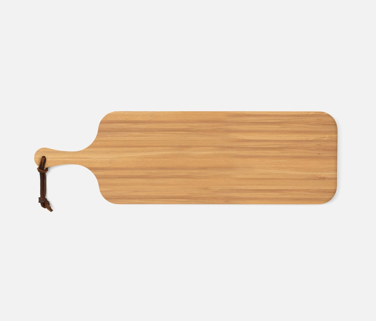 The Blue Pheasant Edmund Narrow Oak Serving Board features a left-side handle with a leather loop, shown on a white background. Ideal for use as an elegant serving or display tray.