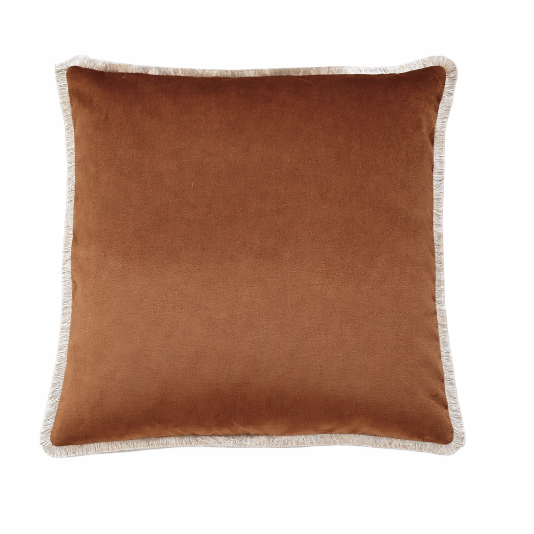 The Threads Soft Goods Cotton Velvet Fringe Pillow in Cognac features a square, rust-colored velvet cover with light beige fringe trim and a plush down insert—luxuriously handcrafted for ultimate comfort.