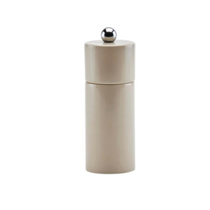 The Addison Ross Mini Pillar Salt & Pepper Shaker features a beige, cylindrical design with a smooth finish, metallic round top knob, and durable ceramic grinder, displayed against a plain white background.
