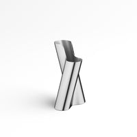 A shiny, silver Lituus Vase by Georg Jensen, featuring two curved, intersecting vertical forms reminiscent of an abstract sculptural vase, stands elegantly against a plain white background.