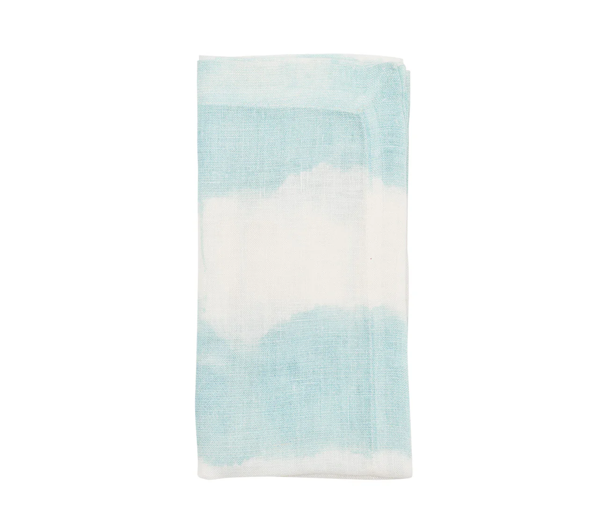 The Kim Seybert Watercolor Stripe Napkin Set of 4 features a light blue and white tie-dye design, perfect for elevating your summer tablescape. Displayed on a white background.
