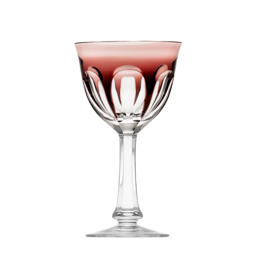 The Moser Lady Hamilton White Wine Glass features clear crystal with a subtle pink tint at the top fading to clear near the base, a wide bowl, and stands on a slender stem with a round foot.