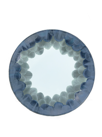 Marie Daâge Cercle D’Ecailles Platinum Filet round hand-painted Limoges porcelain plate featuring a decorative border of overlapping, scalloped petal shapes in shades of blue and gray.