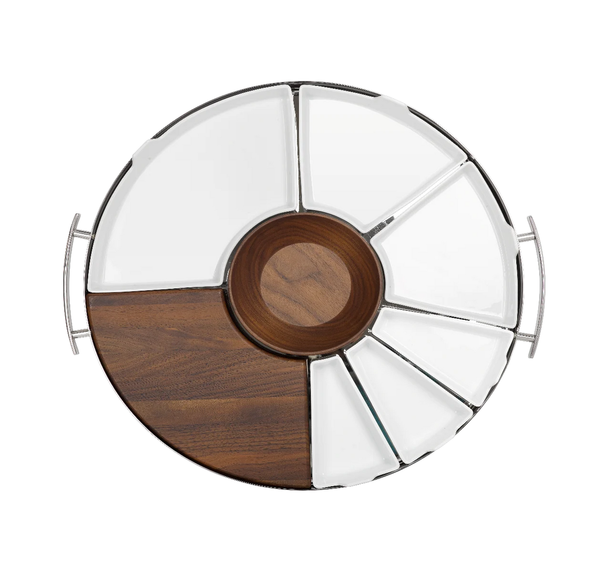 Christofle MOOD PARTY Stainless Steel Round Tray 15.7″ featuring a center wooden bowl, a wooden segment, and several white ceramic compartments.