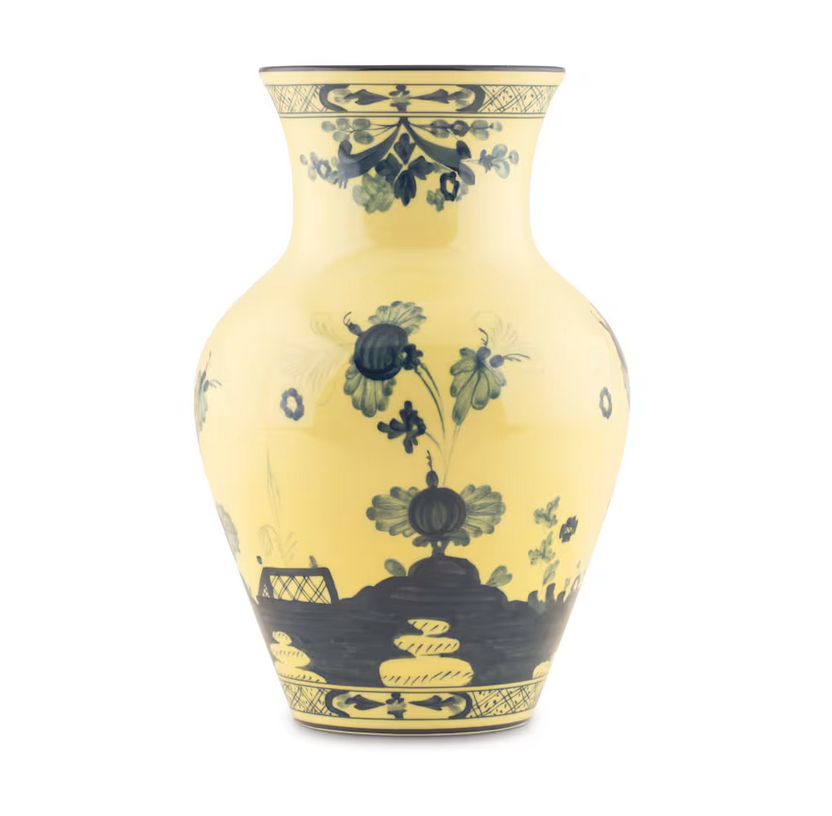 A yellow ceramic Ginori 1735 Oriente Italiano Ming Vase 9" with a wide body, narrow neck, and dark blue floral and geometric patterns in Italian decor style.