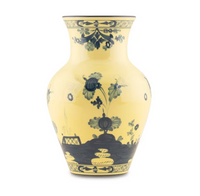 A yellow ceramic Ginori 1735 Oriente Italiano Ming Vase 9" with a wide body, narrow neck, and dark blue floral and geometric patterns in Italian decor style.