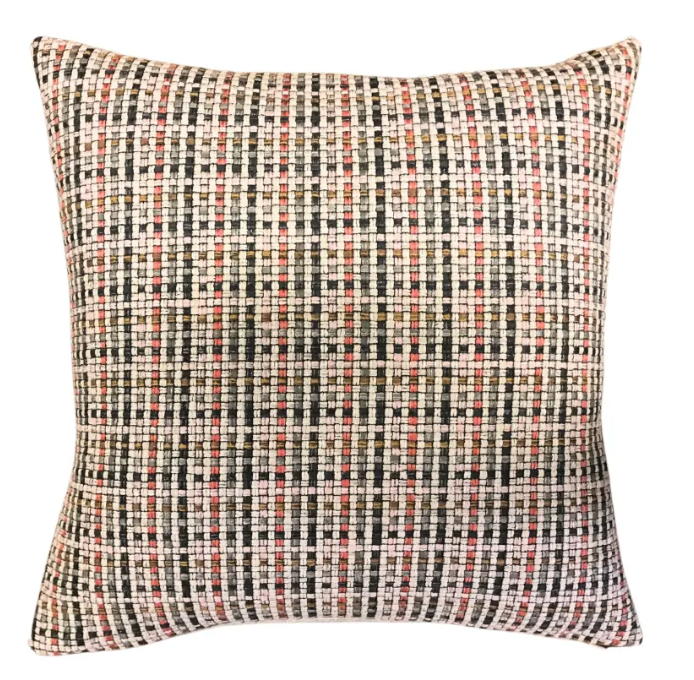 The Chamonix Pillow Rose 22 x 22 by Daniel Design Studio is a decorative pillow with a textured, plaid-inspired pattern in black, white, beige, and subtle red accents on a neutral background. Shown against a plain white backdrop.