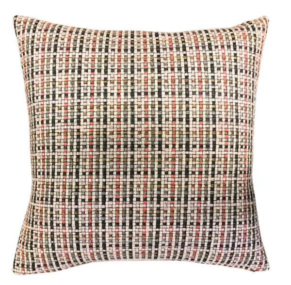 The Chamonix Pillow Rose 22 x 22 by Daniel Design Studio is a decorative pillow with a textured, plaid-inspired pattern in black, white, beige, and subtle red accents on a neutral background. Shown against a plain white backdrop.