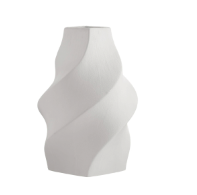 White Scylla Vase with a spiraling, twisted silhouette and a square base.