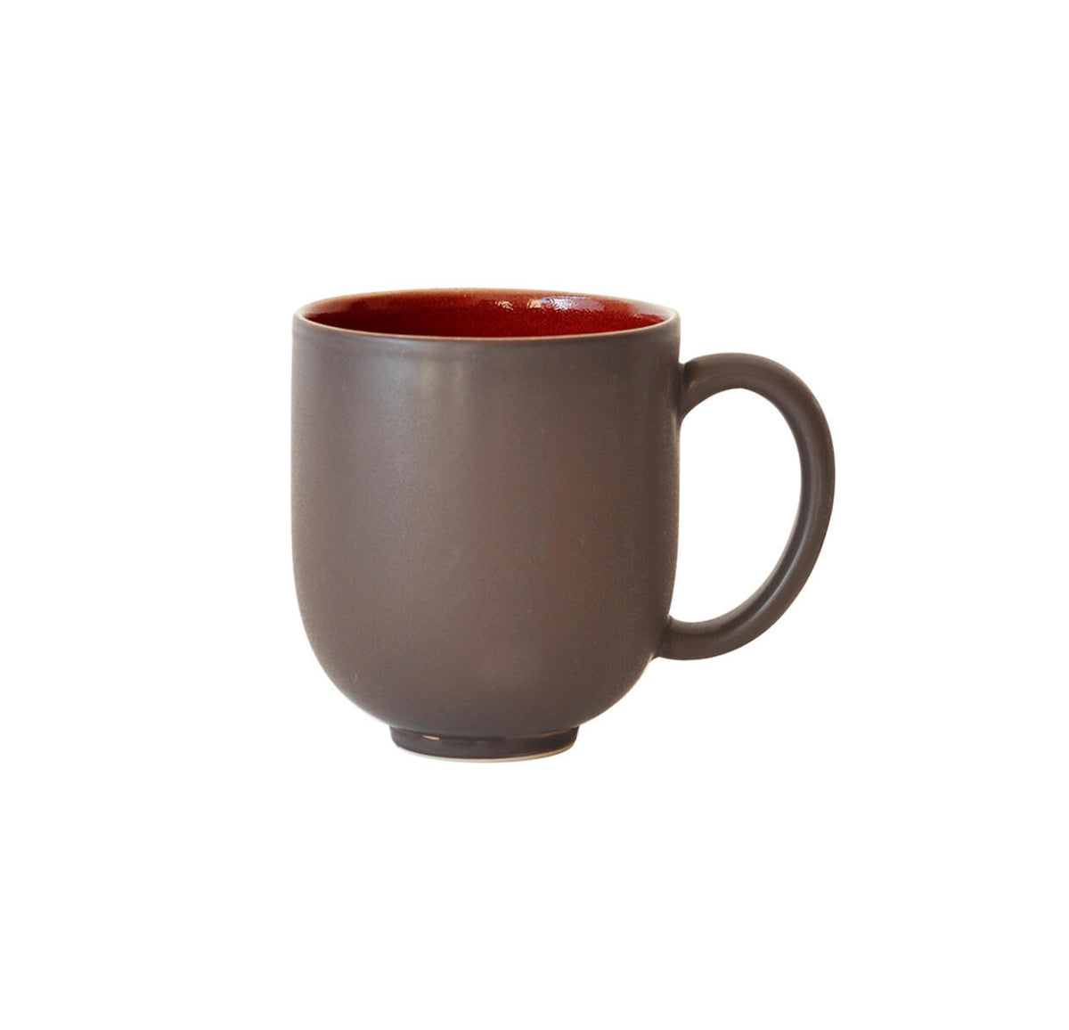 The Tourron Dinnerware Cerise ceramic mug by Jars - Rosenthal features a matte dark brown exterior, glossy red interior, round shape, and large handle. Dishwasher safe, it’s shown on a plain white background.