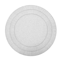 A clear, round glass plate with a textured, frosted center and ribbed rim sits atop the Shine Round White Placemat by Nomi K, viewed from above on a white background.