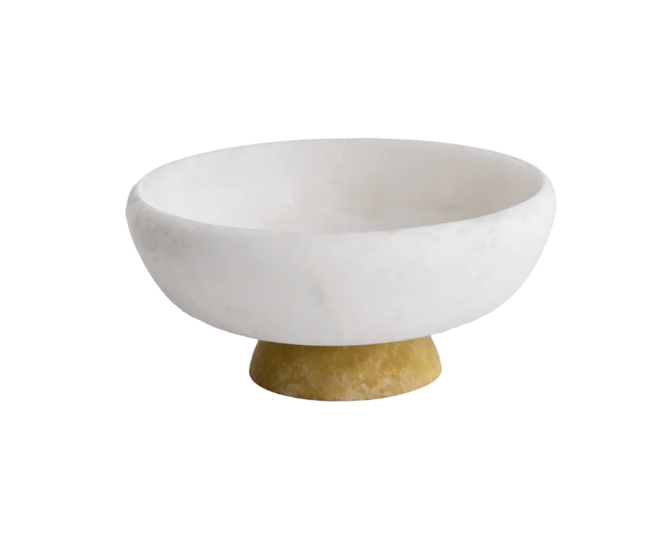 The Beatriz Ball Resin Footed Sorbet Bowl Coconut & Matcha - 8.5" is a white, round bowl with smooth sides and a short gold base, shown against a plain white background.