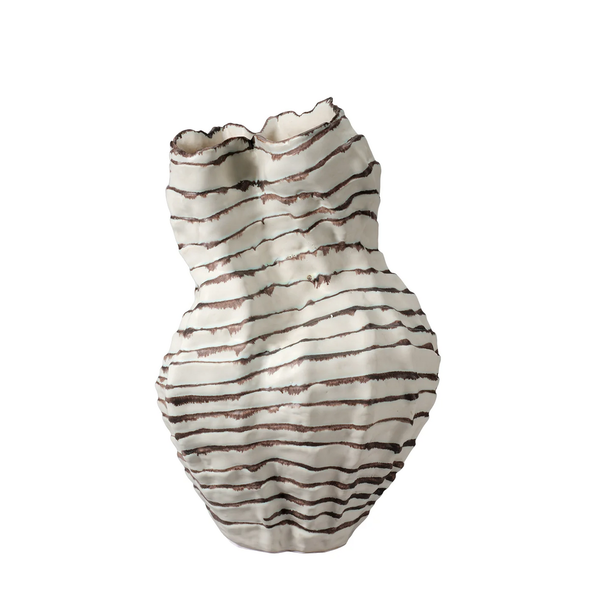 The Cocoon Vase - 15.5″ by Jamie Young features a white, irregular shape with horizontal brown wavy stripes and a ruffled rim, shown against a plain white background.